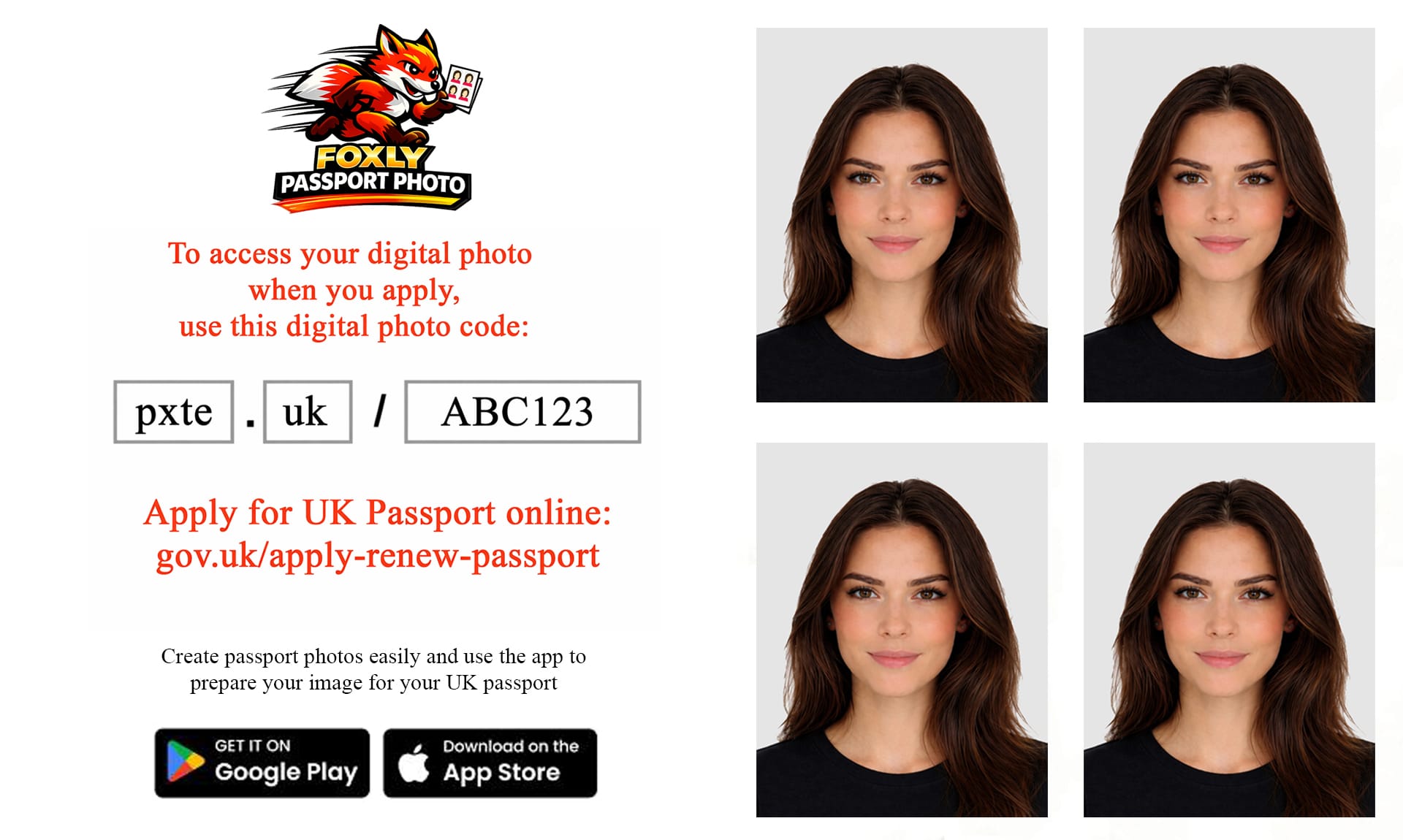 UK passport photo code instructions showing how to access a digital photo when applying for a UK passport online using a provided photo code