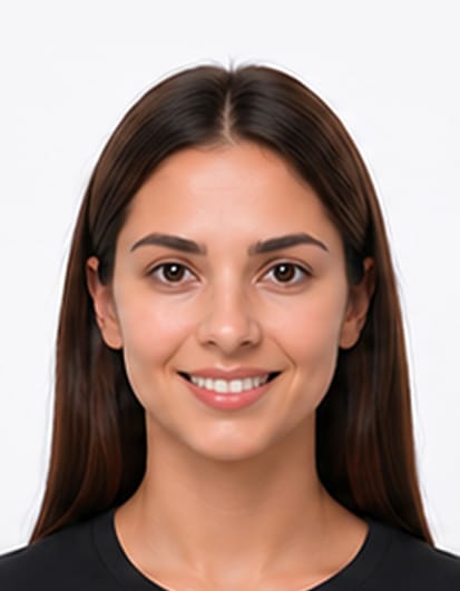 Passport photo example with person smiling, not allowed under UK passport photo expression rules
