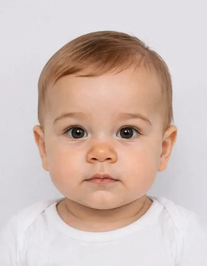 Correct baby passport photo with neutral expression, plain background and proper lighting meeting UK standards