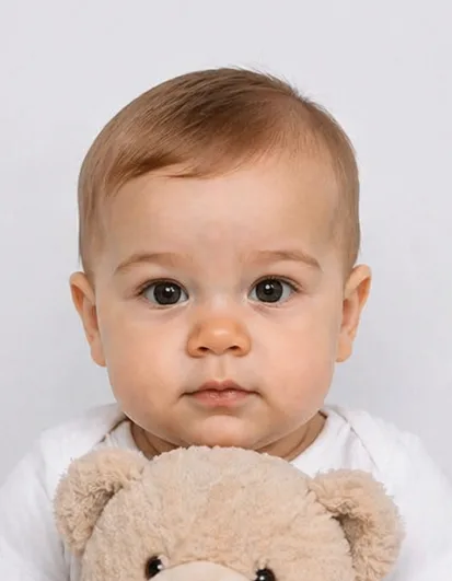 Baby passport photo example showing infant holding a toy, which is not allowed under UK passport photo rules