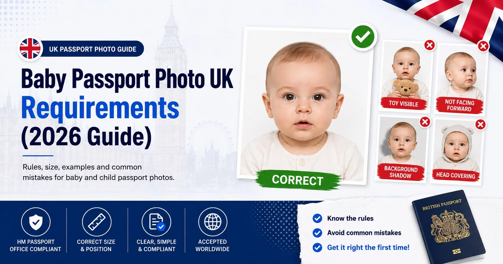 Baby passport photo UK requirements 2026 example showing a compliant baby photo for online UK passport application and passport photo code.