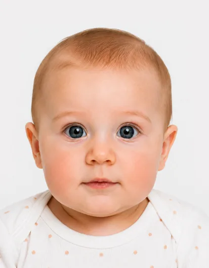 Correct UK baby passport photo example with baby centred, eyes visible, plain white background and proper lighting.