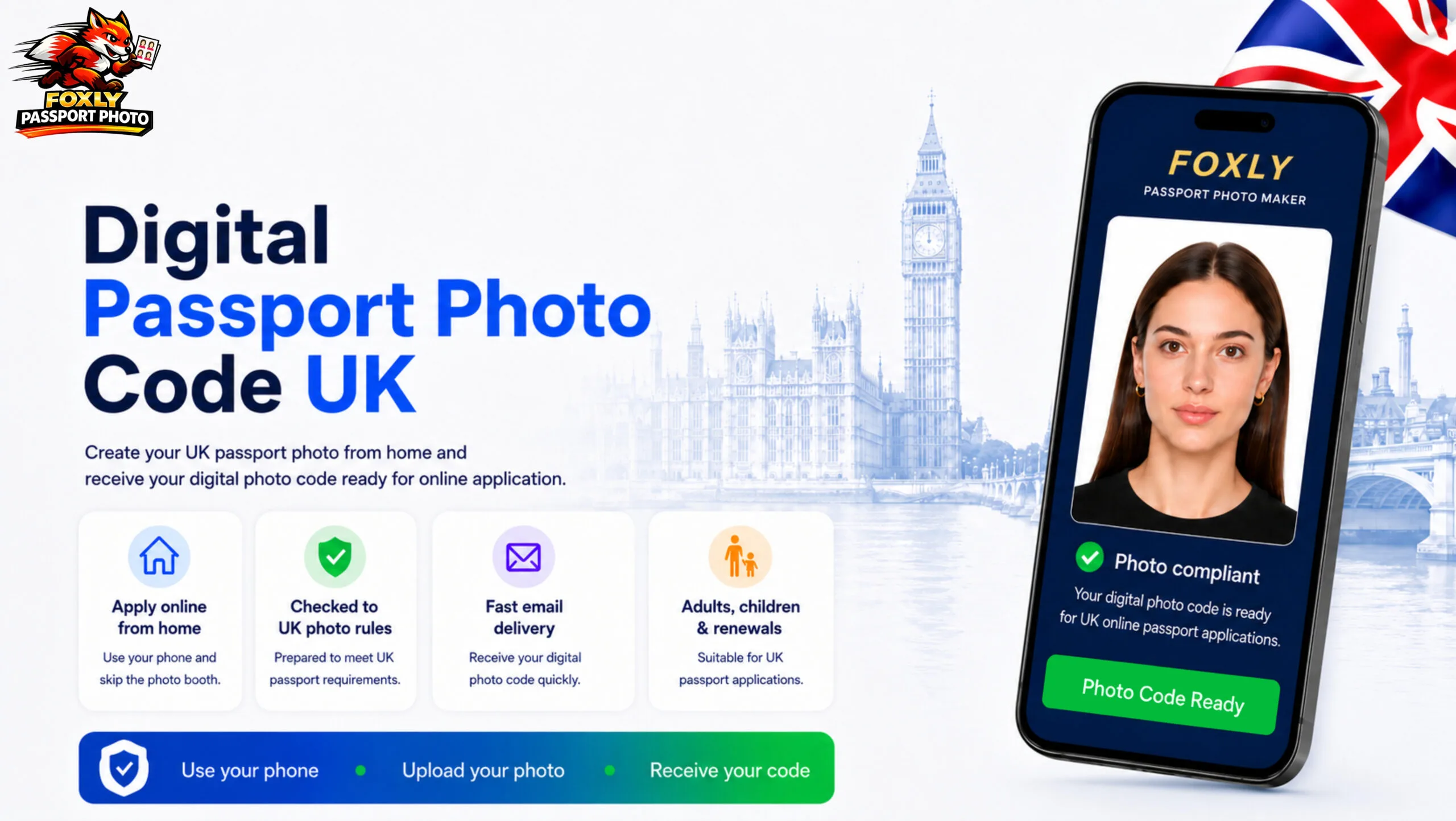 Digital Passport Photo Code UK with Foxly Passport Photo Maker mobile app, showing online UK passport photo code creation from home.