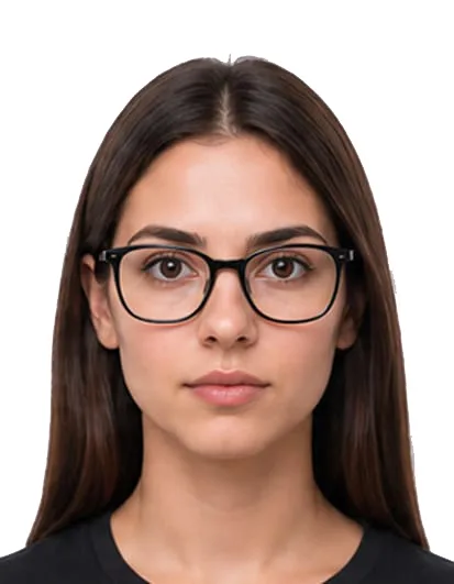 Correct Italian passport photo example wearing glasses with eyes clearly visible