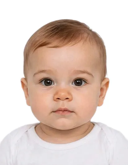 Correct Italian baby passport photo example prepared for 35x45 mm size with white background