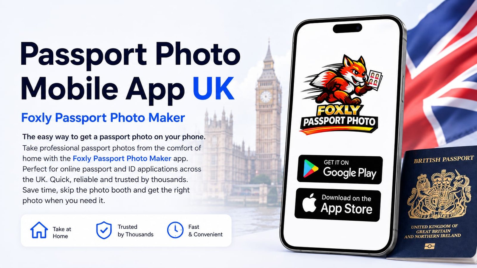 Passport Photo Mobile App by Foxly Passport Photo Maker showing a smartphone app for ordering digital passport, ID and visa-style photos online from home.