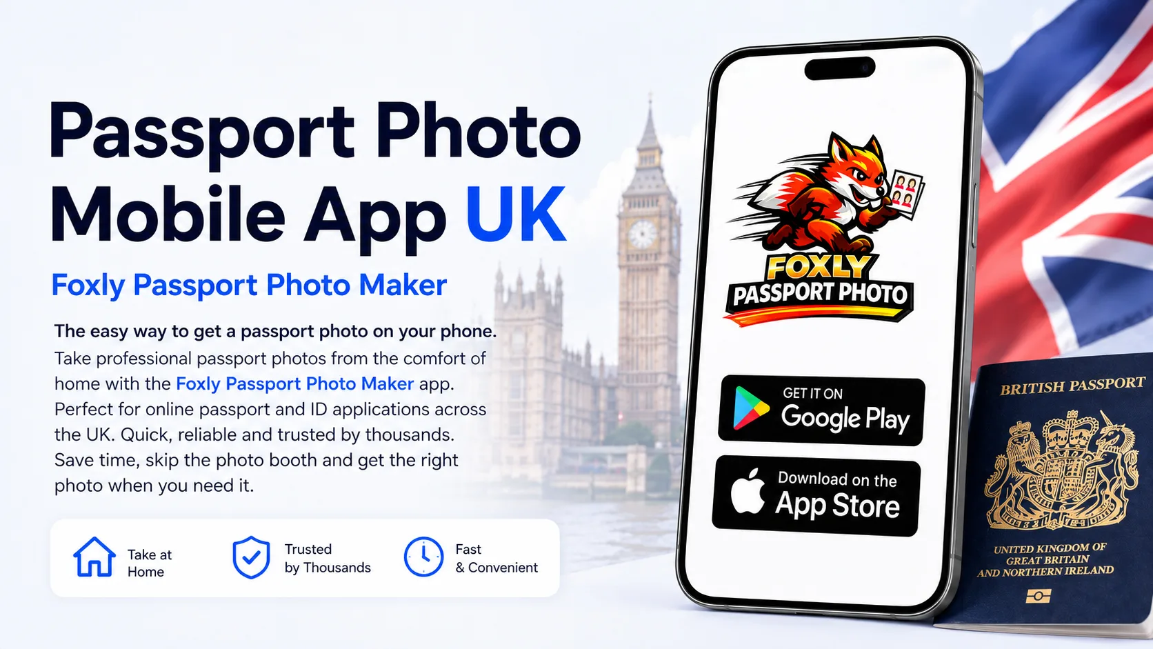 Passport Photo Mobile App by Foxly Passport Photo Maker showing a smartphone app for ordering digital passport, ID and visa-style photos online from home.