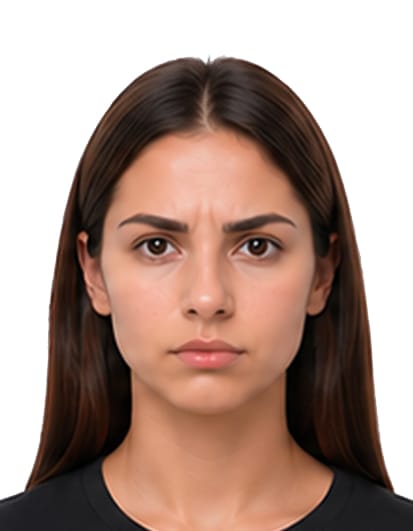 Spain passport photo example with frowning expression not suitable for official photo requirements