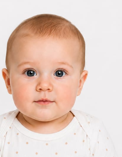 Rejected UK baby passport photo example showing baby positioned off-centre against plain white passport background.