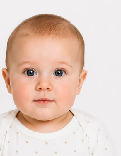 Rejected UK baby passport photo example showing baby positioned off-centre against plain white passport background.