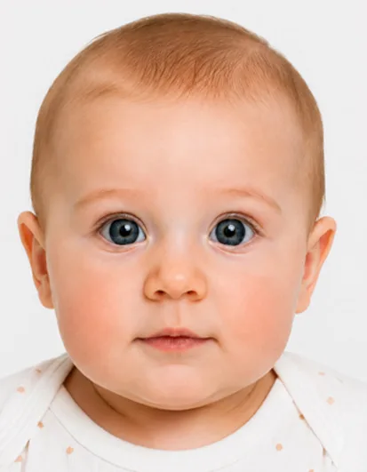 Rejected UK baby passport photo example showing baby’s face too close to the camera and outside official passport photo proportions.