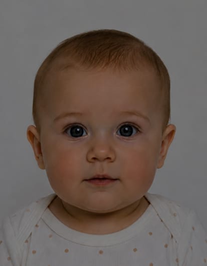 Rejected UK baby passport photo example with poor lighting and dark shadows affecting facial visibility and image quality.