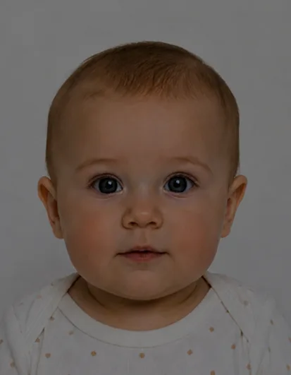 Rejected UK baby passport photo example with poor lighting and dark shadows affecting facial visibility and image quality.