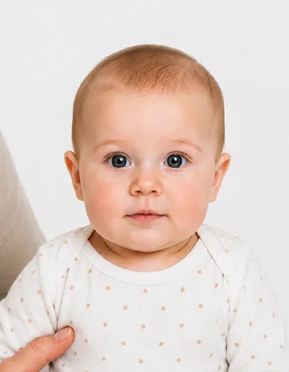 Rejected UK baby passport photo example showing parent visible in background while holding baby for passport photograph.