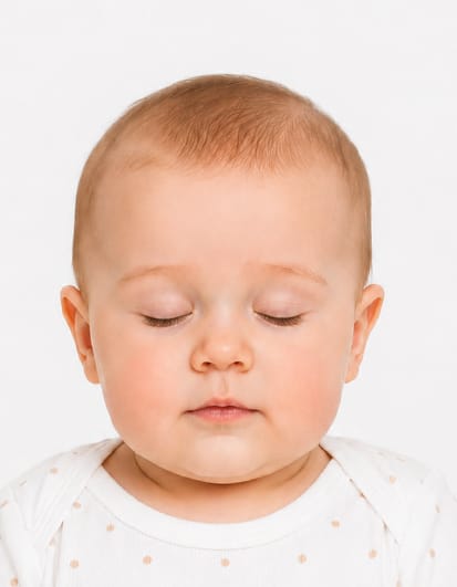 Rejected UK child passport photo example showing child with eyes closed against plain white background during passport application process.