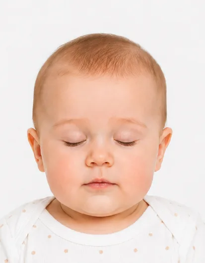 Rejected UK child passport photo example showing child with eyes closed against plain white background during passport application process.